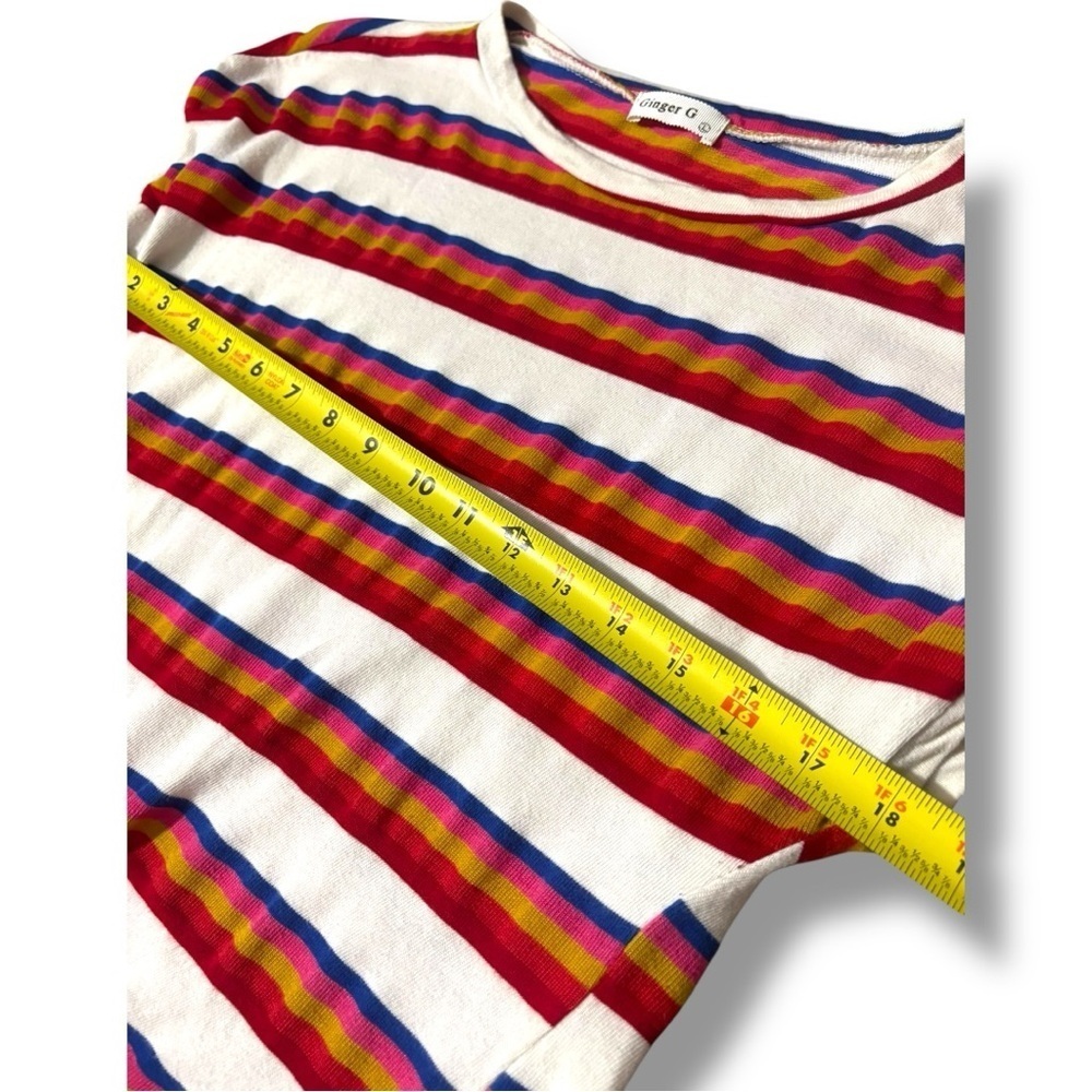 Ginger G Red/White Multicolor Dolman Sleeve Tie Front Crewneck Cropped Tee - Picture 9 of 15